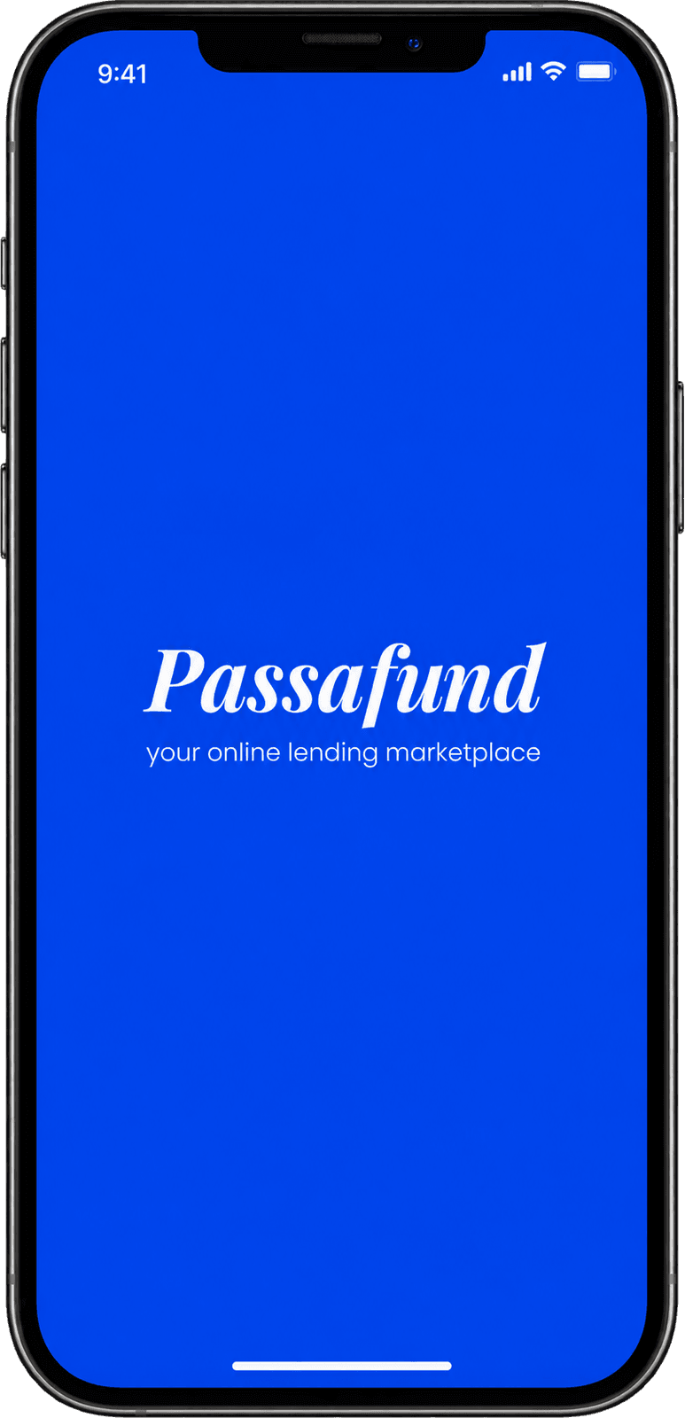 The Passafund app on a phone against a blue backdrop, showing the launch screen and the line your online lending marketplace