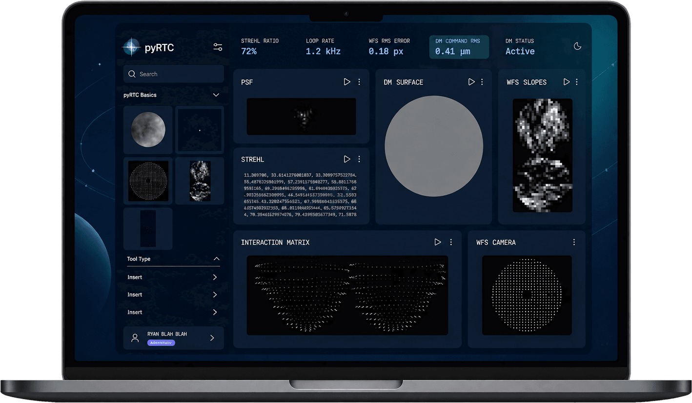 The pyRTC dashboard on a laptop: live telemetry across the top, and PSF, DM surface, wavefront slopes and interaction matrix as separate blocks