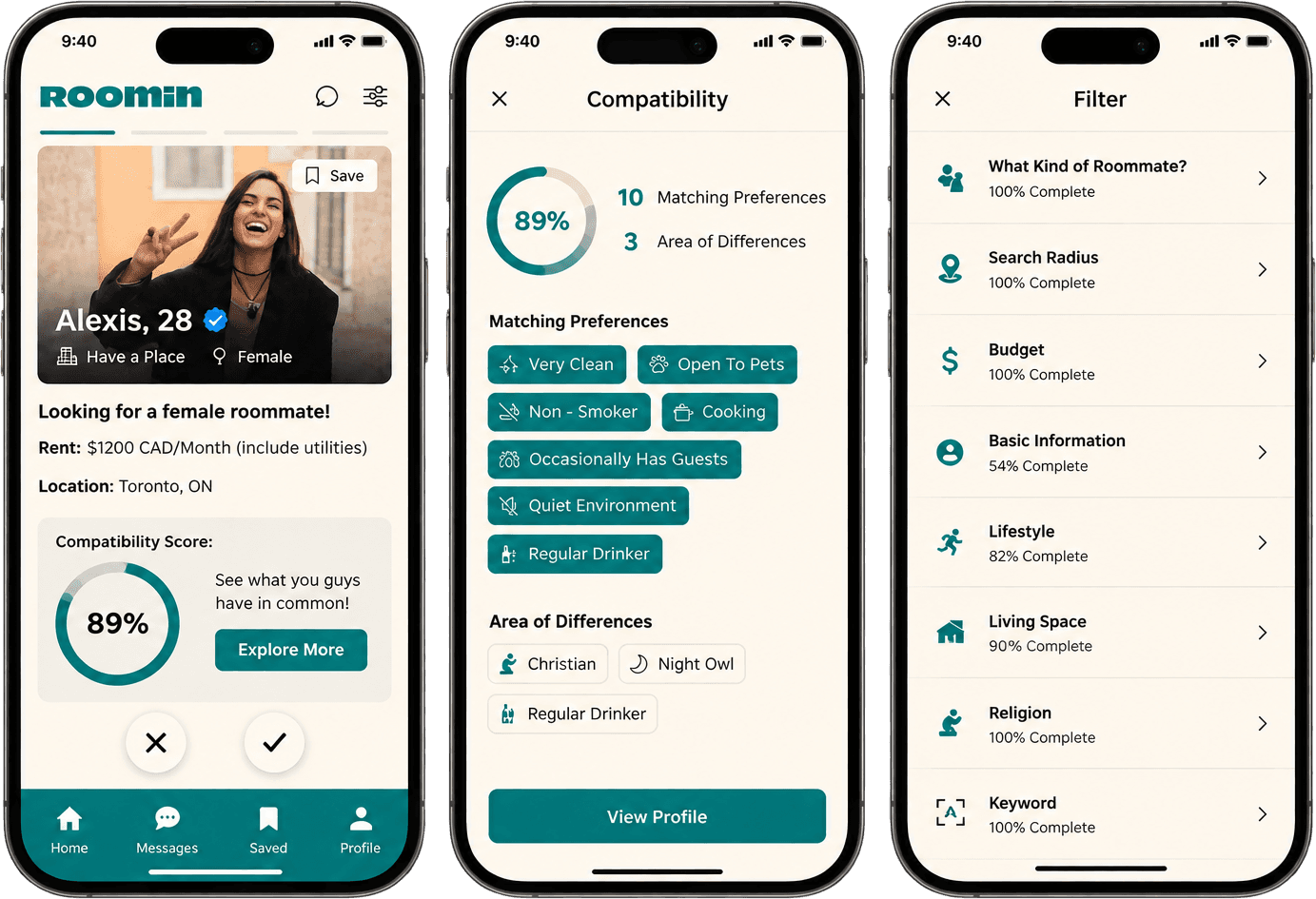 Roomin app, profile with compatibility score, compatibility breakdown and filter screens
