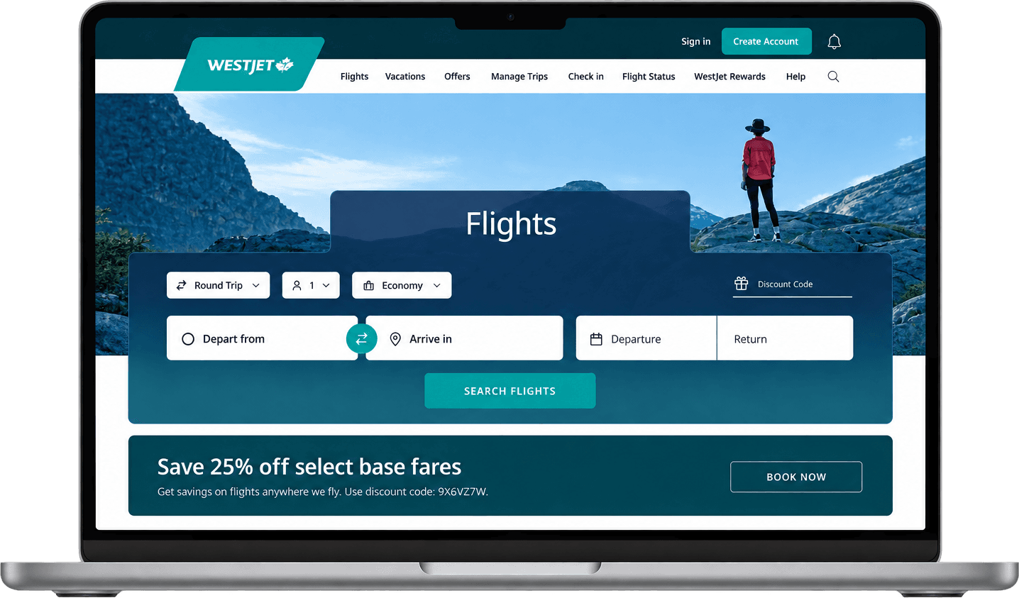 The redesigned WestJet flight search shown on a desktop monitor, with the hero image, trip controls and Search Flights action in view